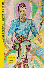 Book cover of 'Giovanni's Room' with a stylized illustration of a person on a yellow background