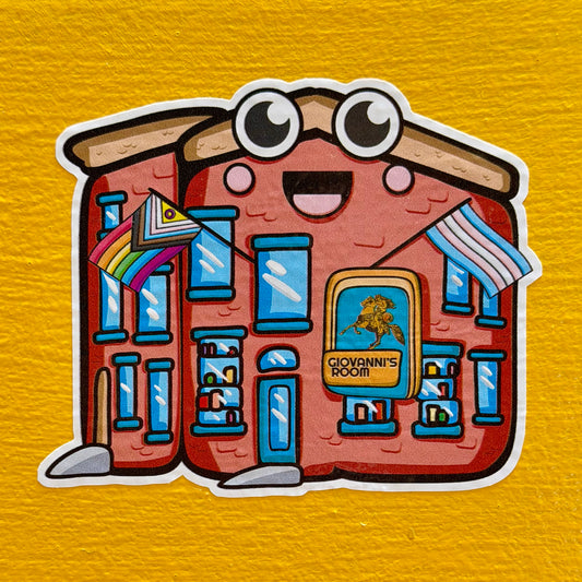 Cartoonish building sticker with a sign labeled 'Giovanni's Room' on a yellow background